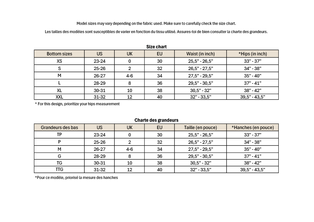 The size chart available in french and english for the Alfred, Camille, Raya and Gala bottom.