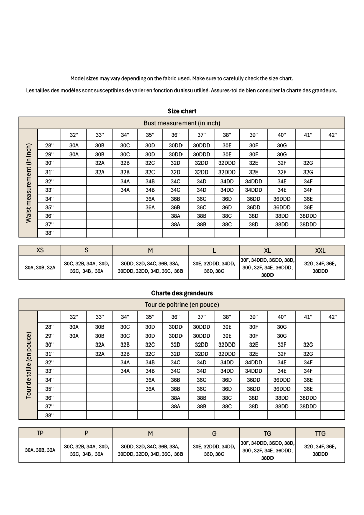 The size chart available in french and english for the Jaselle, Lorena, Braya and Hailey top.