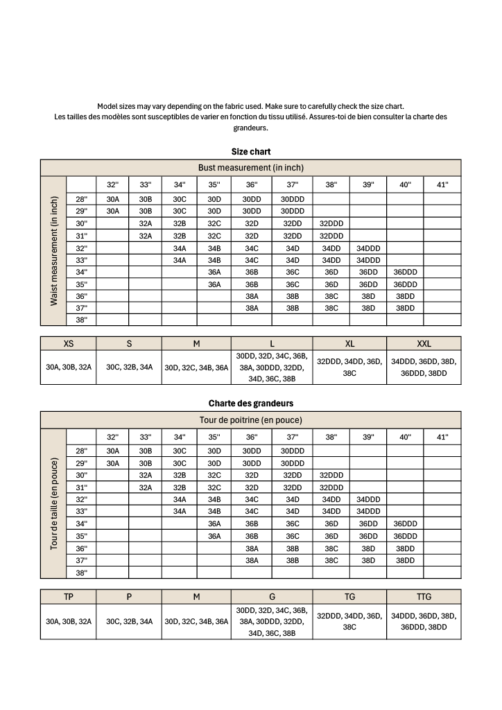 The size chart available in french and english for the Kiana and Aspen top.