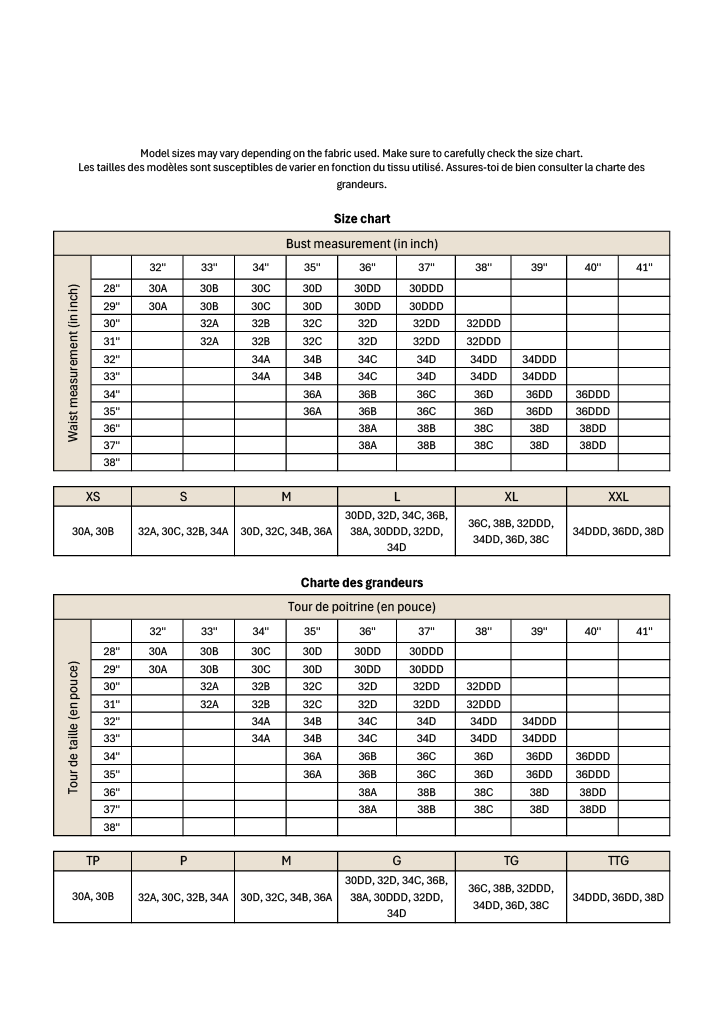 The size chart available in french and english for the Layla and Tiana top.