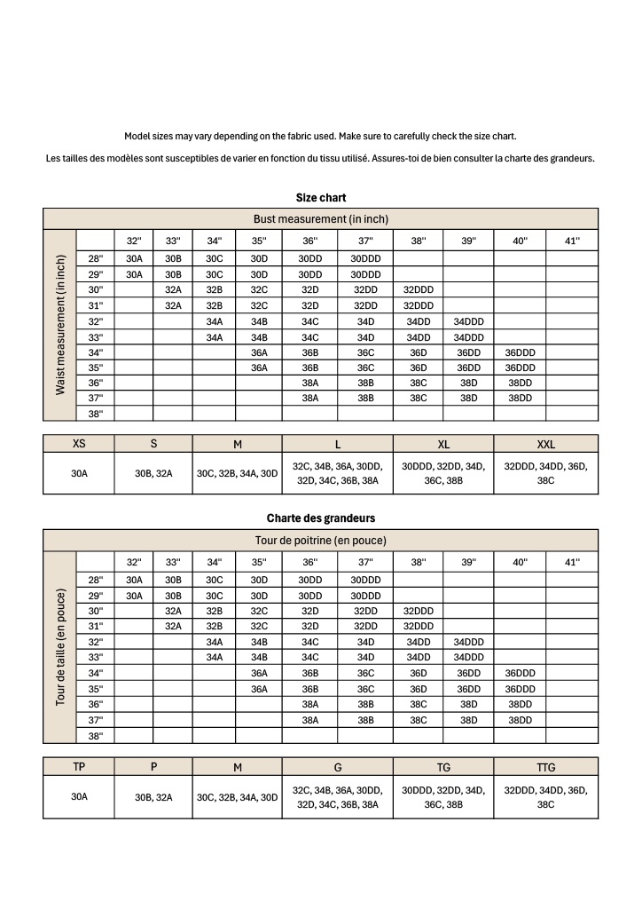 The size chart available in french and english for the Mia top.