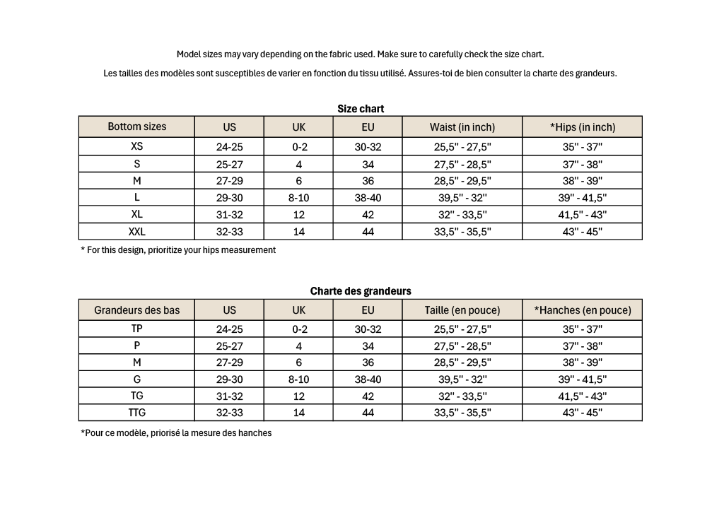 The size chart available in french and english for the Alfred bottom.