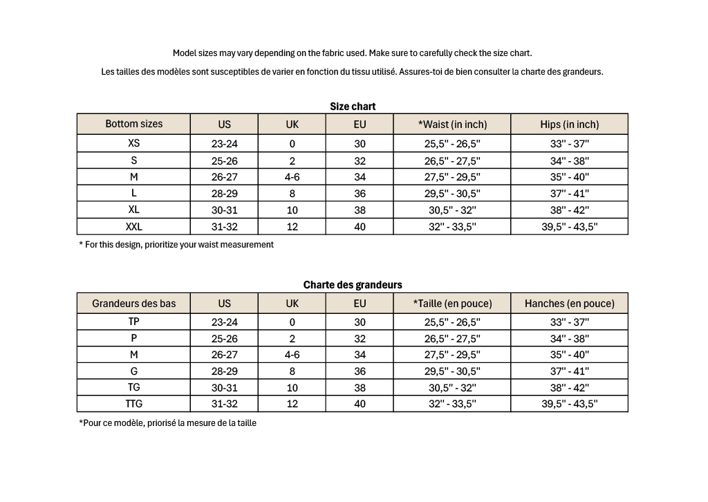 The size chart available in french and english for the Marina bottom.