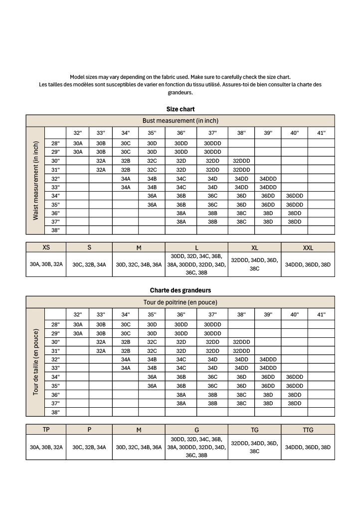 The size chart available in french and english for the Zoe top.