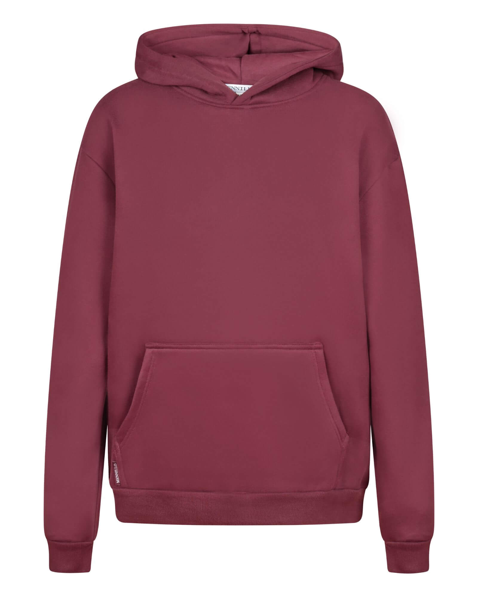 The front of the Basic hoodie in burgundy on a white background.