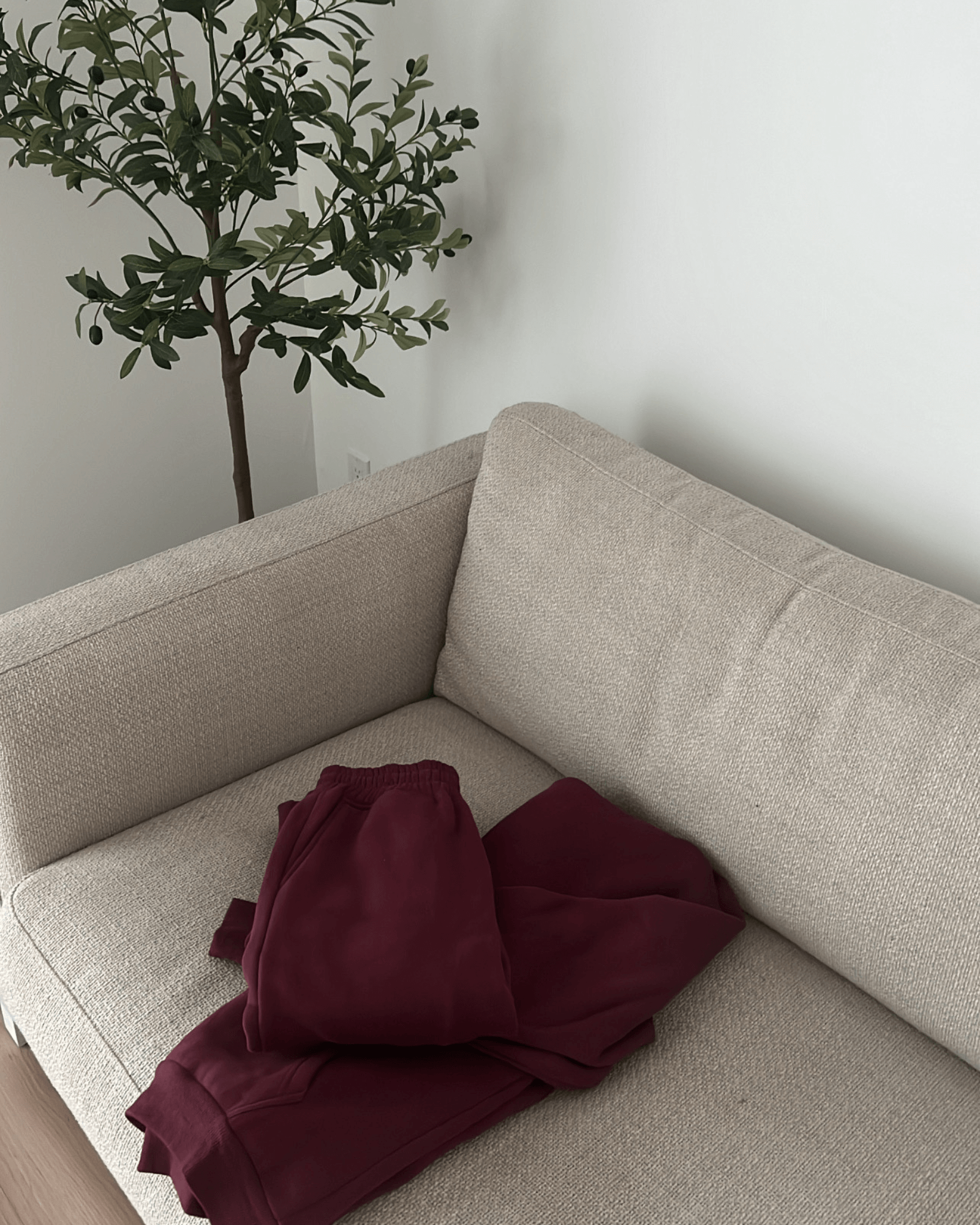 A cute burgundy hoodie is on a beige couch in a living room.