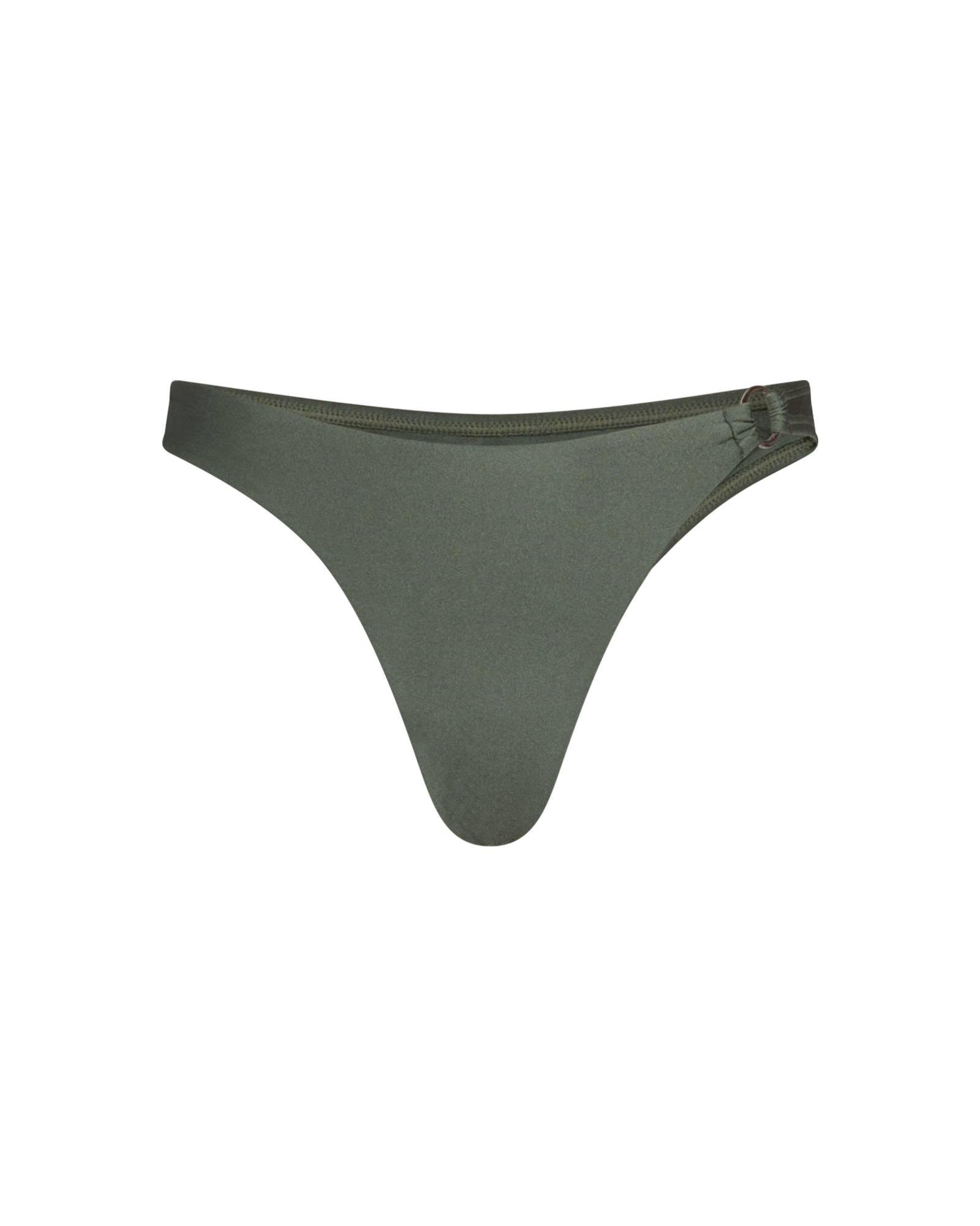 The front of the Camille Brazilian bottom in shiny olive on a white background.