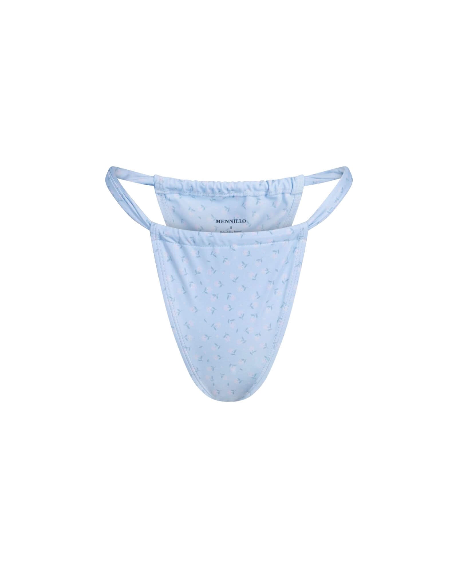 The front of the Eve Tanga bottom in floral blue on a white background.