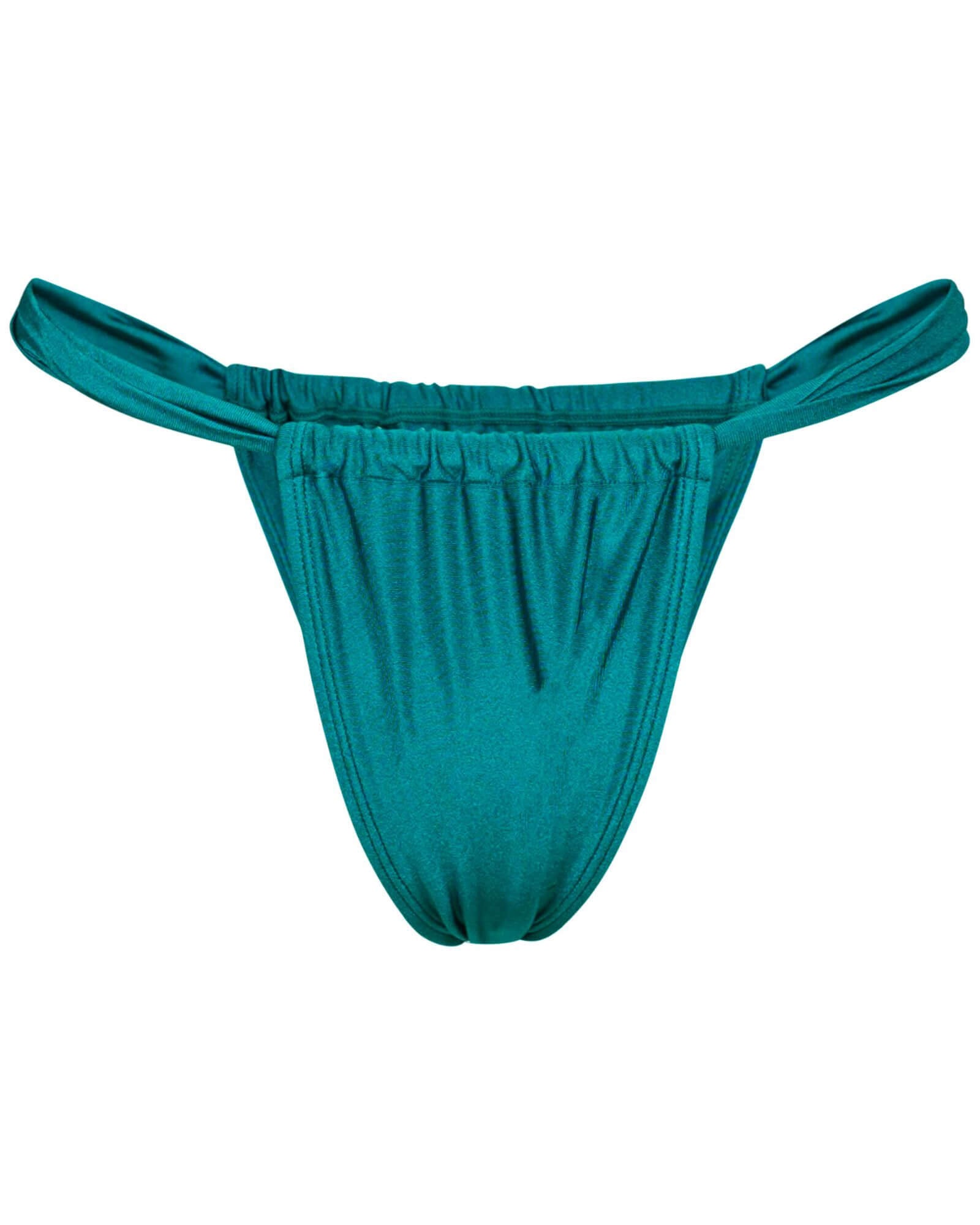 The front of the Eve Tanga bottom in shiny teal on a white background.