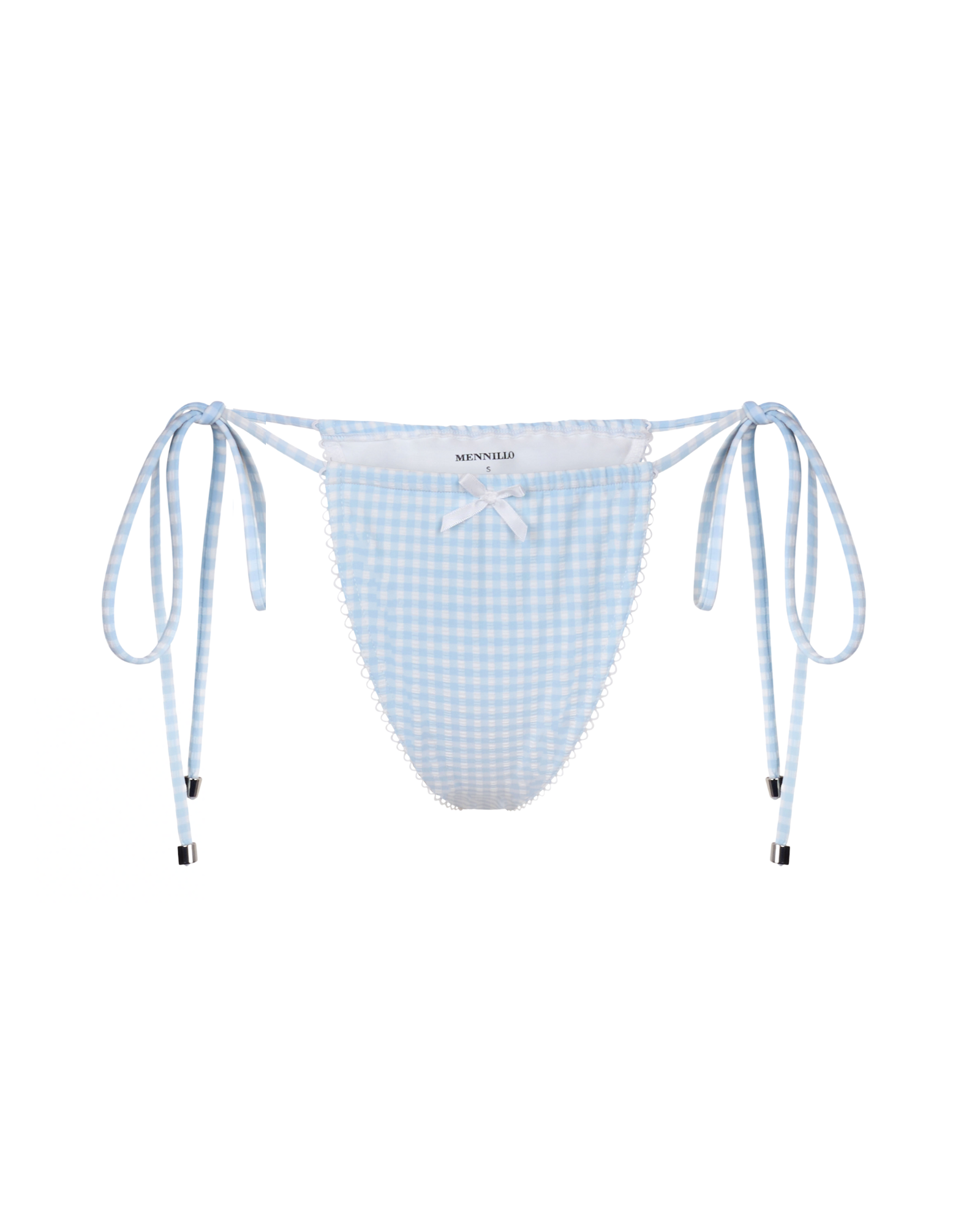 The front of the Gala Brazilian bottom in blue checkered on a white background.