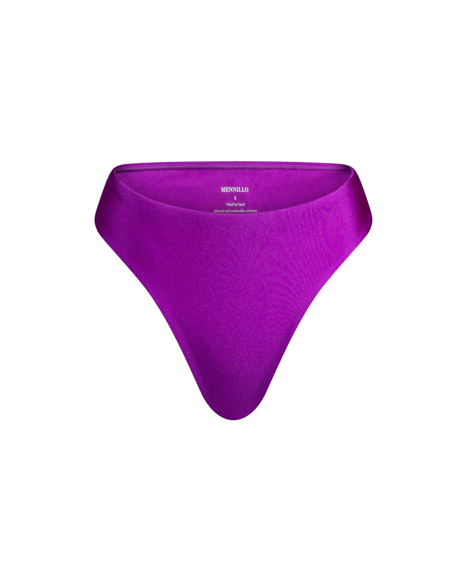 The front of the Kelly Brazilian bottom in shiny plum on a white background.