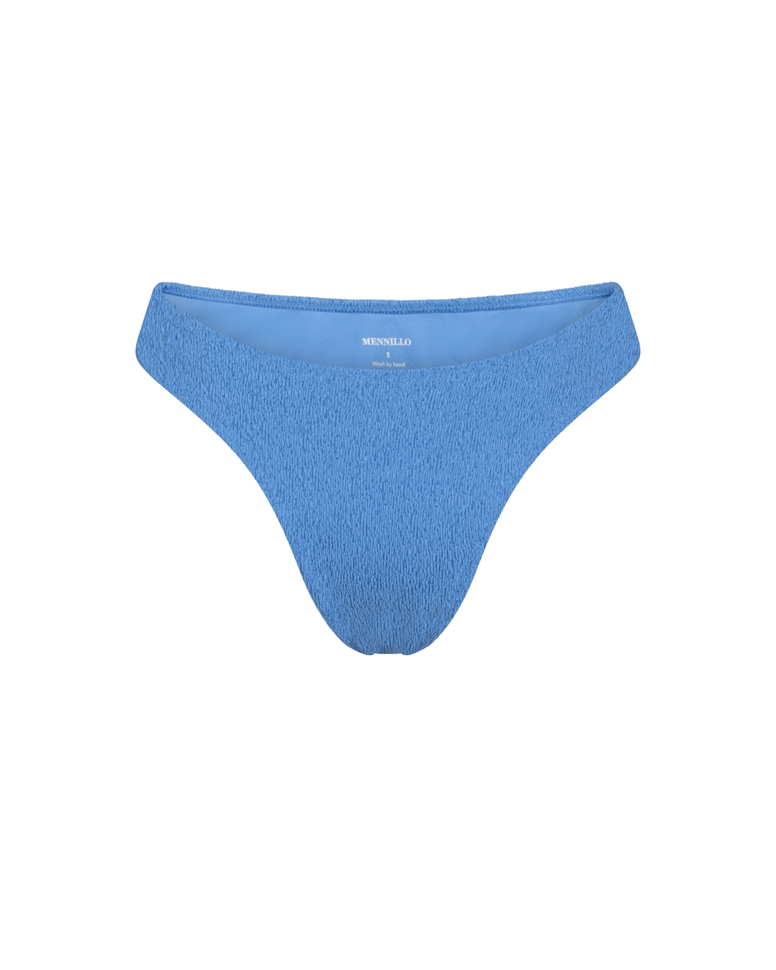 The front of the Marina Brazilian bottom in blue crinkle on a white background.