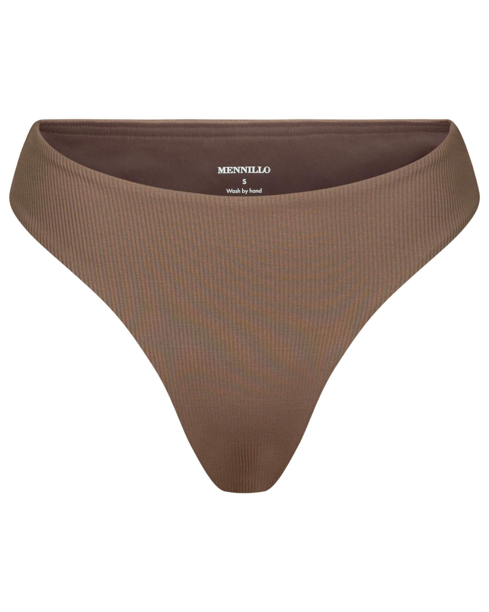 The front of the Marina Brazilian bottom in brown rib on a white background.