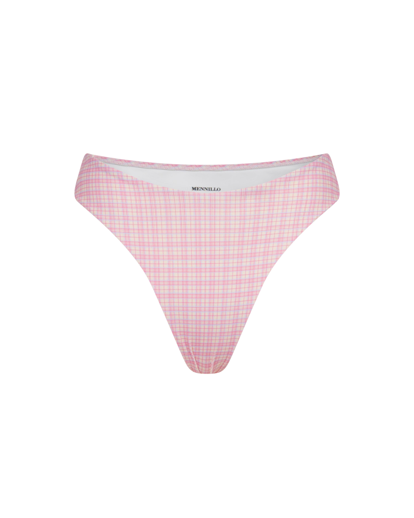 The front of the Marina Brazilian bottom in plaid pink on a white background.