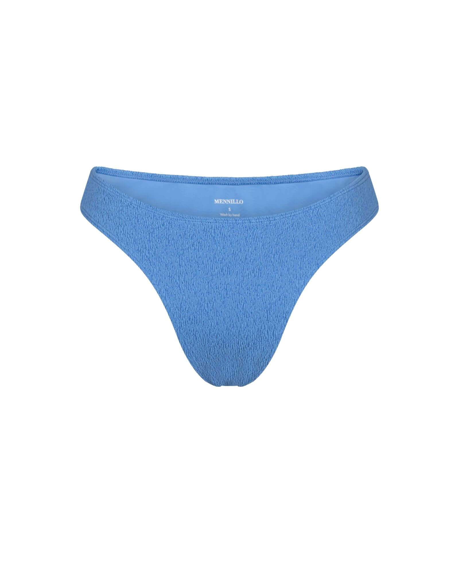 The front of the Marina Tanga bottom in blue crinkle on a white background.