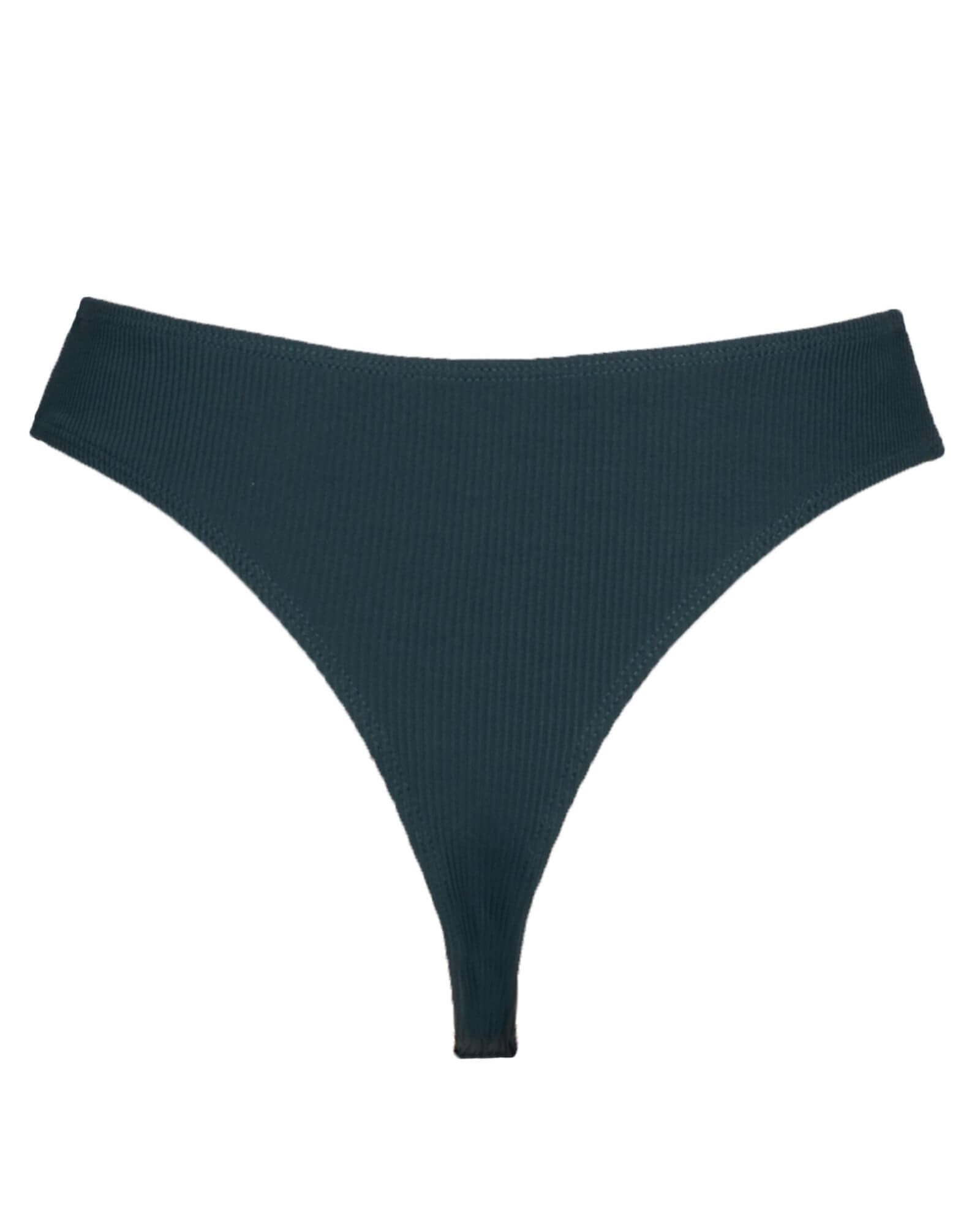 The back of the Marina Tanga bottom in green rib on a white background.