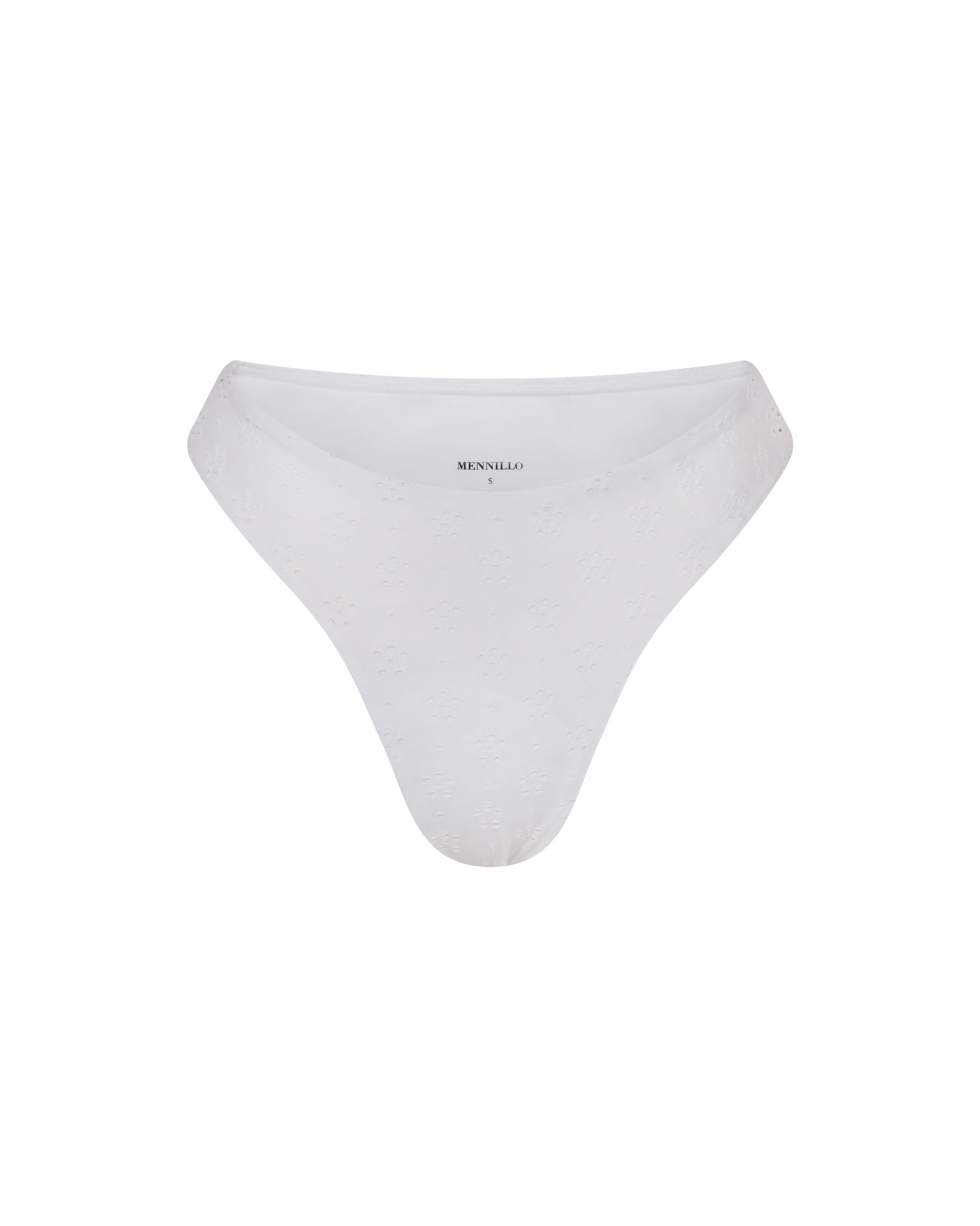 The front of the Marina Tanga bottom in white embroidery on a white background.